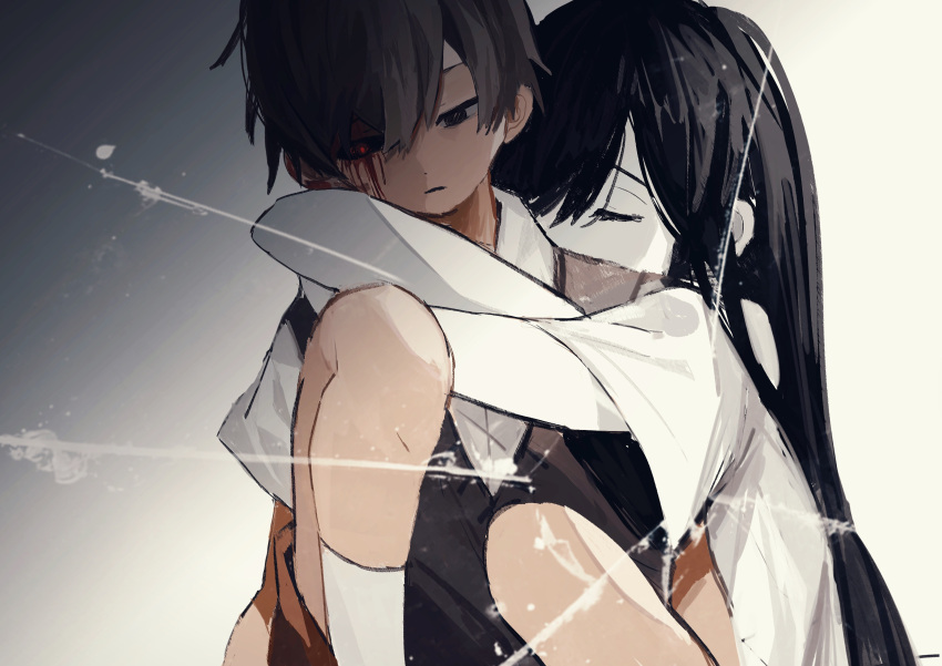 1boy, 1girl, absurdres, arms_at_sides, black_eyes, black_hair, black_sclera, black_sweater_vest