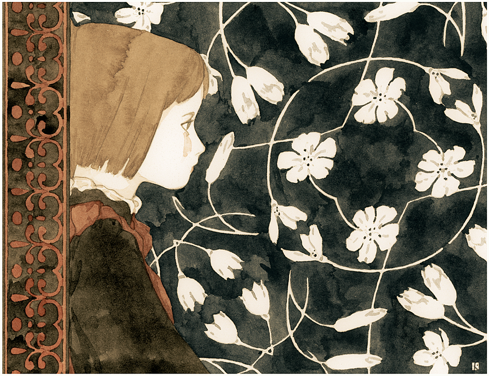 1girl, bob_cut, border, brown_eyes, brown_hair, colored_skin, floral_background, kst1911