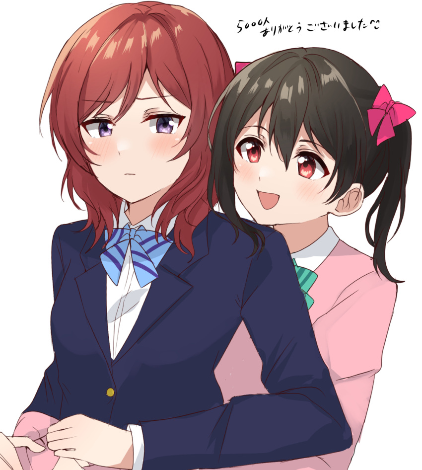 2girls, black_hair, blue_bow, blue_bowtie, blue_jacket, blush, bow, bowtie