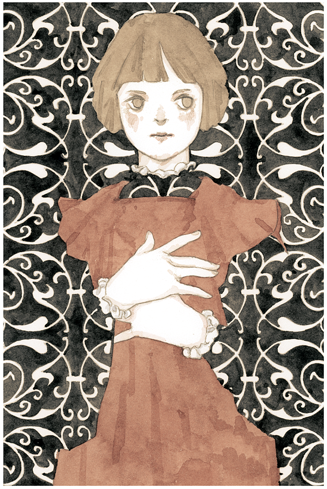 1girl, blending, blush, border, brown_dress, brown_eyes, brown_hair, child, colored_skin, dress, kst1911, looking_to_the_side, original, painting_(medium), pale_skin, patterned_background, patterned_clothing, self_hug, solo, tagme, traditional_media, upper_body, watercolor_(medium), white_skin