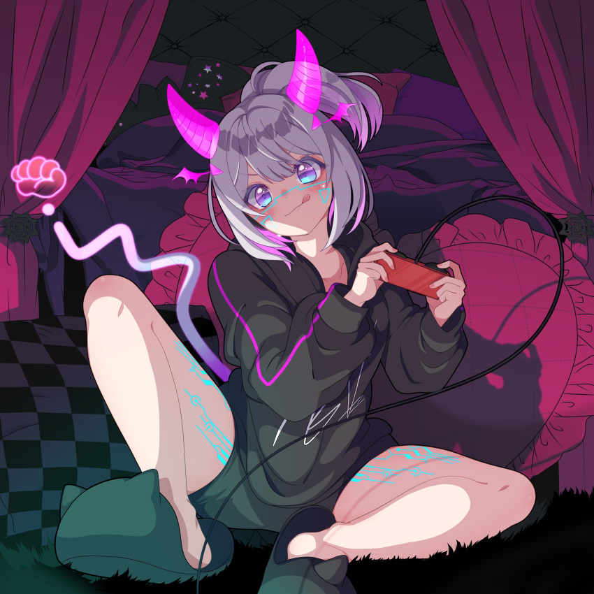 1girl, absurdres, annyu, black_hoodie, bob_cut, commission, detached_horns, gradient_horns