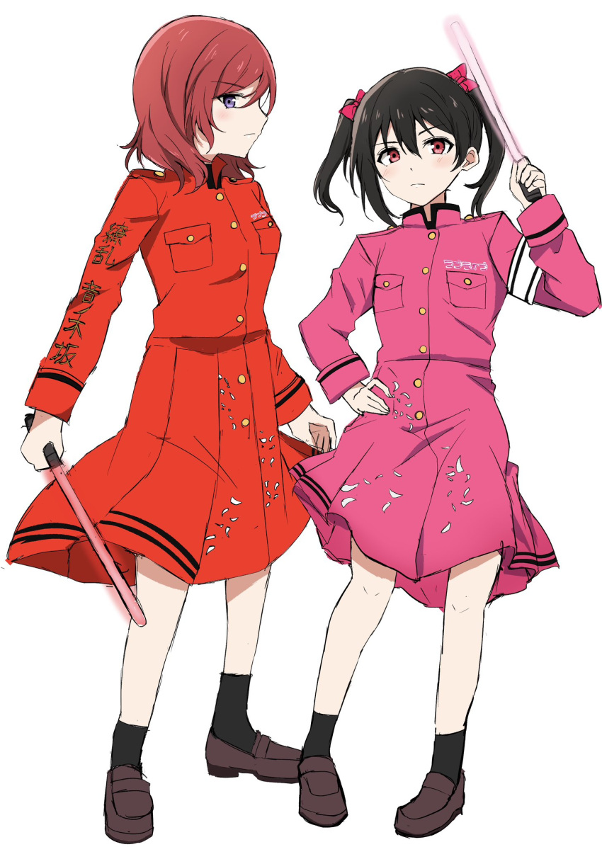 2girls, armband, black_hair, black_socks, brown_footwear, closed_mouth, commentary_request, dress