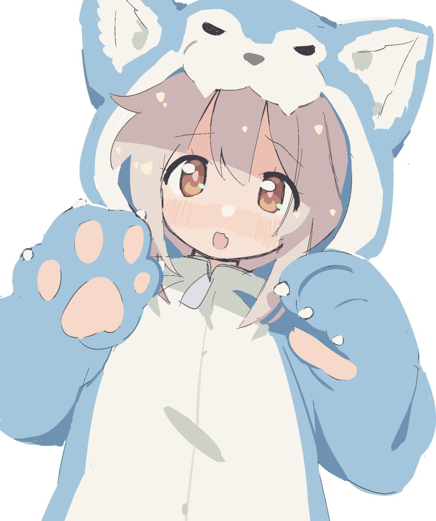 1girl, animal_costume, animal_hands, animal_hood, blush, brown_eyes, fang, grey_hair