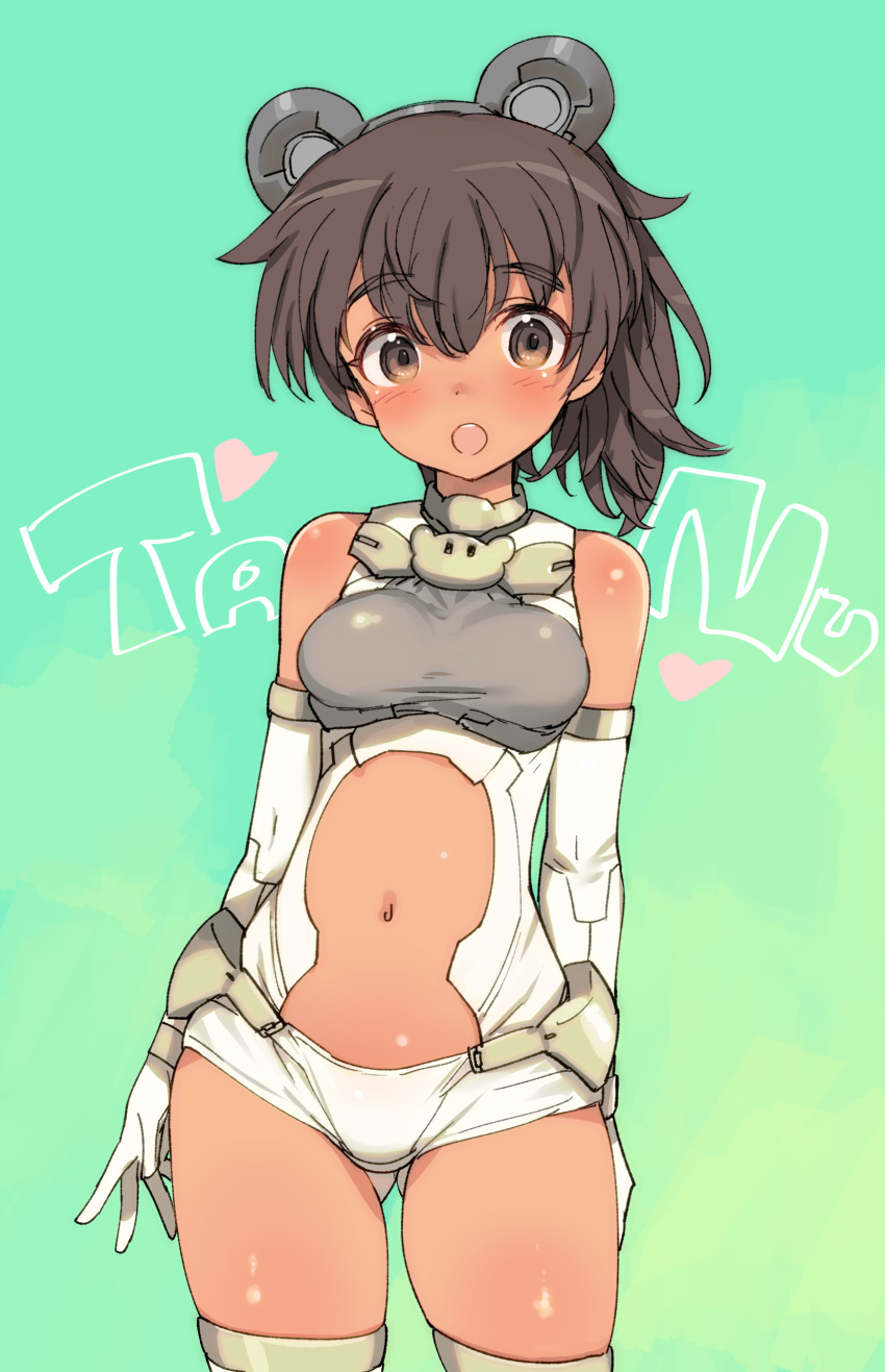 1girl, 30_minutes_sisters, absurdres, animal_ears, ass_visible_through_thighs, bare_shoulders, black_hair, breasts, brown_eyes, brown_hair, clothing_cutout, commentary_request, cowboy_shot, dark-skinned_female, dark_skin, elbow_gloves, fake_animal_ears, gloves, green_background, hair_between_eyes, highres, long_hair, looking_at_viewer, luluce_(30ms), medium_breasts, navel, navel_cutout, open_mouth, ponytail, raccoon_ears, romaji_text, shimada_fumikane, simple_background, solo, stomach, thighs, white_gloves, white_unitard