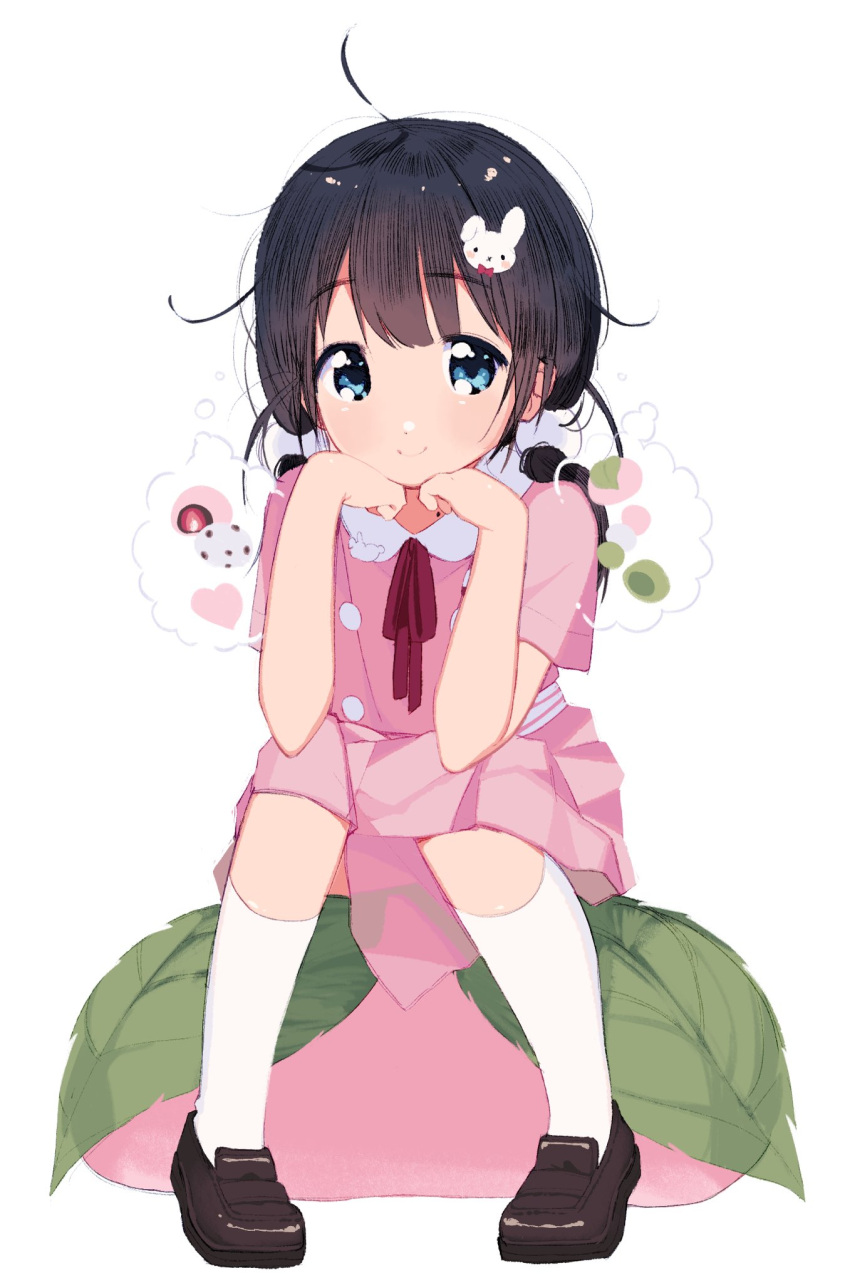 1girl, black_hair, blue_eyes, blush, food, full_body, hair_ornament, highres