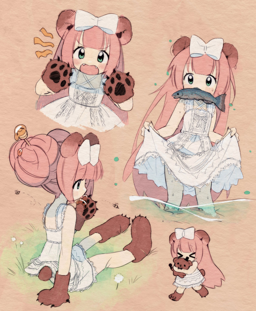 >_<, 1girl, animal_ears, animal_hands, bear_ears, bear_girl, bee, black_nails, blush, bow, bug, chromu, dandelion, dress, english_text, fangs, fish, flower, gloves, grass, green_eyes, hair_bow, hair_bun, highres, holding, holding_stuffed_toy, honey, indie_virtual_youtuber, licking, lisa_(mochi070823), long_hair, mouth_hold, multiple_views, nail_polish, open_mouth, paw_gloves, paw_shoes, pink_hair, simple_background, single_hair_bun, sitting, skirt_hold, sleeveless, sleeveless_dress, stuffed_animal, stuffed_toy, teddy_bear, very_long_hair, virtual_youtuber, wet, wet_clothes, white_dress