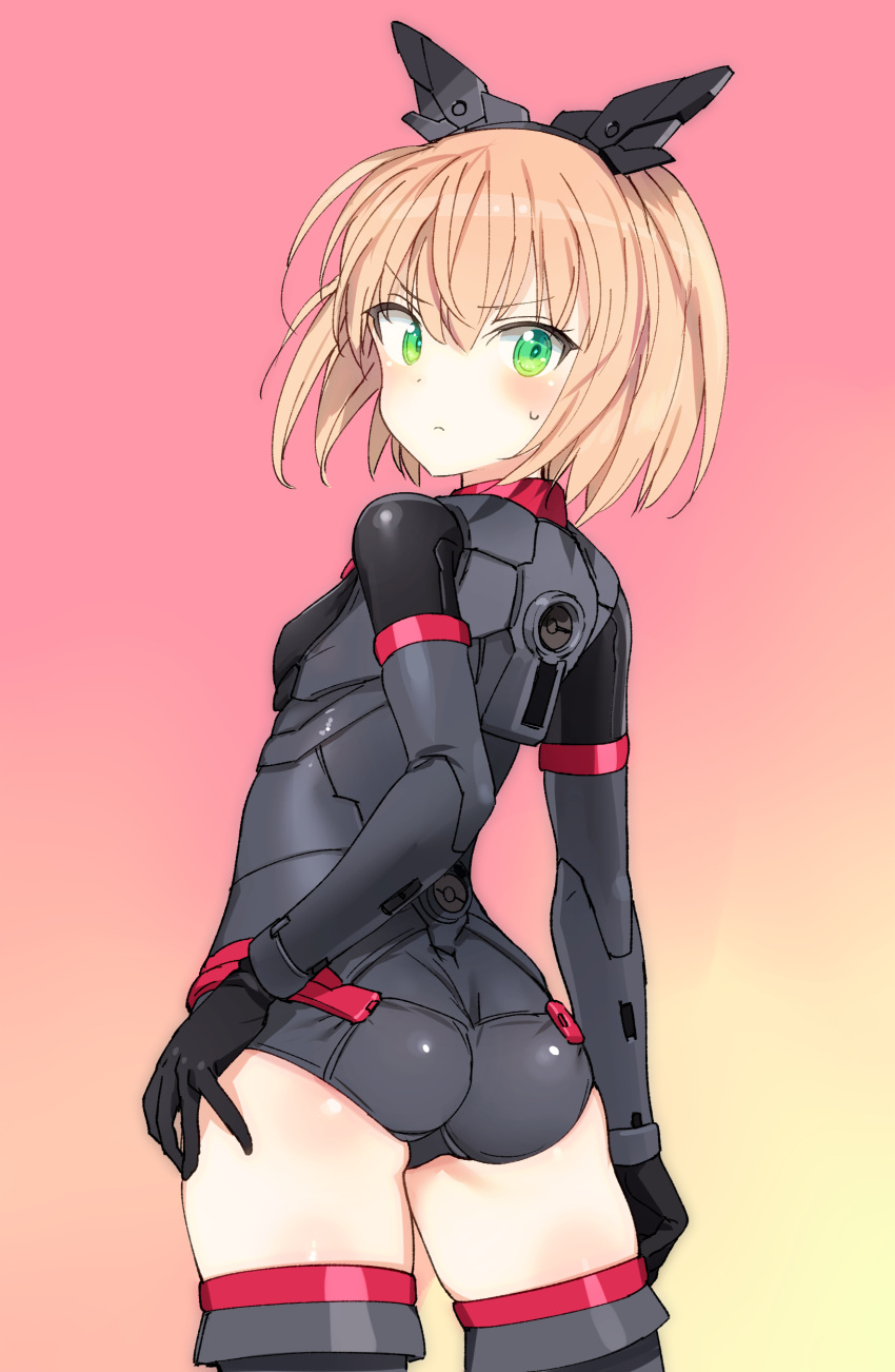 1girl, 30_minutes_sisters, absurdres, armored_leotard, ass, black_gloves, black_leotard, breasts