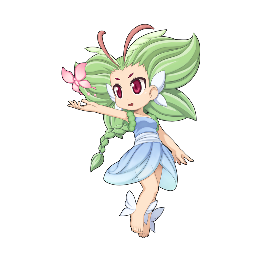 1girl, antennae, bangs_blown_up, barefoot, blue_dress, braid, braided_ponytail, breasts, bug, butterfly, chibi, dress, eira_(ragnarok_online), feet_wings, full_body, green_hair, long_hair, looking_afar, looking_to_the_side, official_art, open_mouth, pink_butterfly, ragnarok_online, red_eyes, simple_background, single_braid, small_breasts, smile, solo, strapless, strapless_dress, thick_eyebrows, transparent_background, white_wings, wings, yuichirou