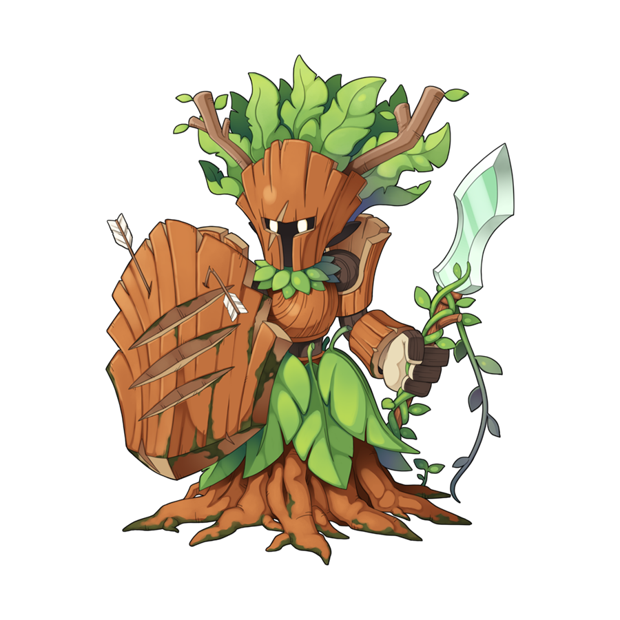 arrow_(projectile), branch, broken_arrow, chibi, full_body, holding, holding_shield, holding_sword, holding_weapon, leaf, no_humans, official_art, plant, ragnarok_online, scar, scar_across_eye, shield, simple_background, solo, sword, transparent_background, tree, weapon, wood, wood_horns, wooden_warrior, yuichirou