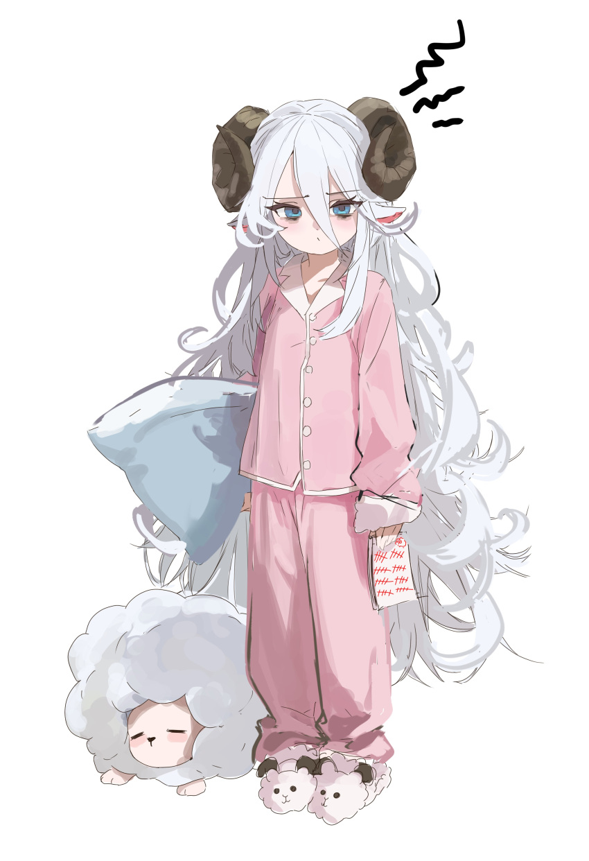 1girl, absurdres, animal, animal_ears, animal_slippers, bags_under_eyes, blue_eyes, curled_horns, full_body, hair_between_eyes, highres, holding, holding_pillow, horns, long_hair, long_sleeves, looking_at_viewer, original, pajamas, paper, pillow, pink_pajamas, setakman, sheep, sheep_ears, sheep_girl, sheep_horns, sheep_slippers, simple_background, sleeves_past_wrists, slippers, solo, very_long_hair, white_background, white_hair