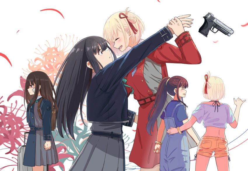 2girls, absurdres, backpack, bag, bikini, bikini_under_clothes, black_hair, blonde_hair