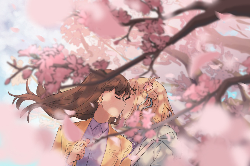 2girls, absurdres, blonde_hair, blue_ribbon, brown_jacket, cherry_blossoms, closed_eyes, collared_shirt
