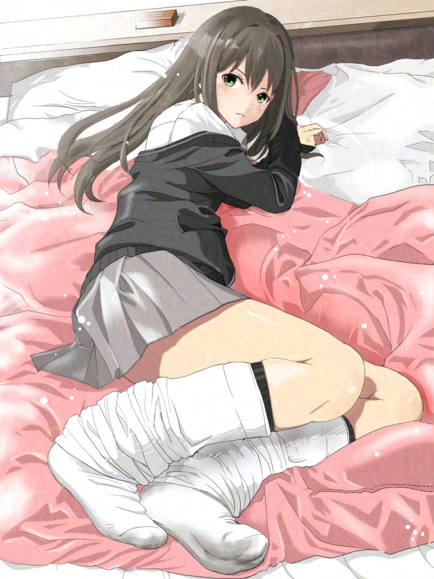 1girl, bed_sheet, black_cardigan, blush, breasts, brown_hair, cardigan, closed_mouth