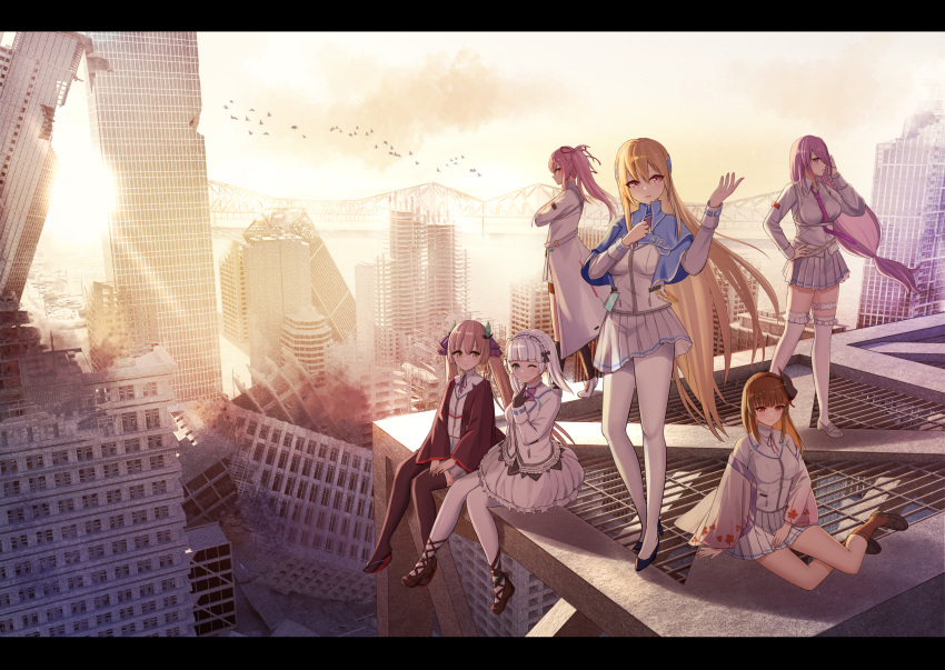 6+girls, abandoned, bird, black_coat, black_thighhighs, blonde_hair, blue_capelet, bow
