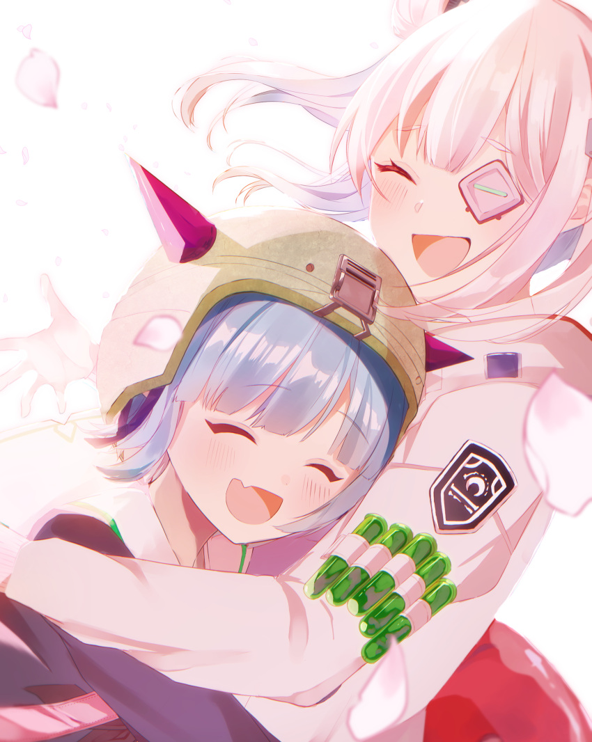 2girls, absurdres, bungo_yayoi, cherry_blossoms, closed_eyes, crab_claw, double_bun, eyepatch