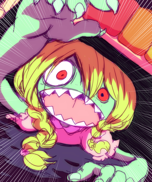 1girl, betty-san, blonde_hair, braid, colored_skin, green_skin, looking_at_viewer, nollety, open_mouth, sharp_teeth, sketch, solo, teeth, youkai_(youkai_watch), youkai_watch