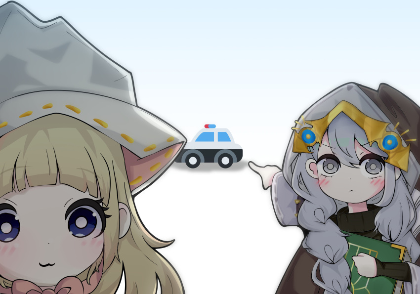 2girls, :3, absurdres, asteria_of_the_white_woods, blue_eyes, book, braid, car, duel_monster, grey_eyes, grey_hair, hat, highres, holding, holding_book, hood, liesette_of_the_white_forest, meme, motor_vehicle, multiple_girls, pointing, police_car, shiro_pawn, twin_braids, white_background, witch_hat, yu-gi-oh!