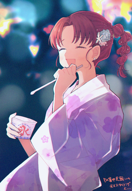 1girl, blurry, blurry_background, closed_eyes, cup, earrings, egashira_mika, facing_ahead