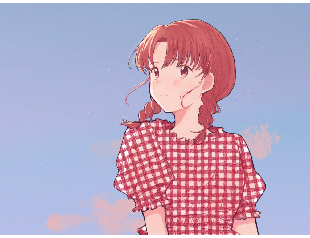 1girl, arms_at_sides, blush, braid, egashira_mika, letterboxed, looking_to_the_side, medium_hair