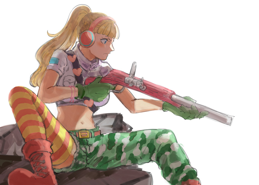 1girl, blonde_hair, blue_eyes, blush, gloves, green_gloves, green_pants, gun
