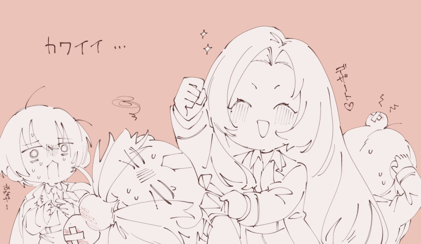 2boys, 2girls, blush, closed_eyes, coat, coat_on_shoulders, collared_shirt, commentary_request