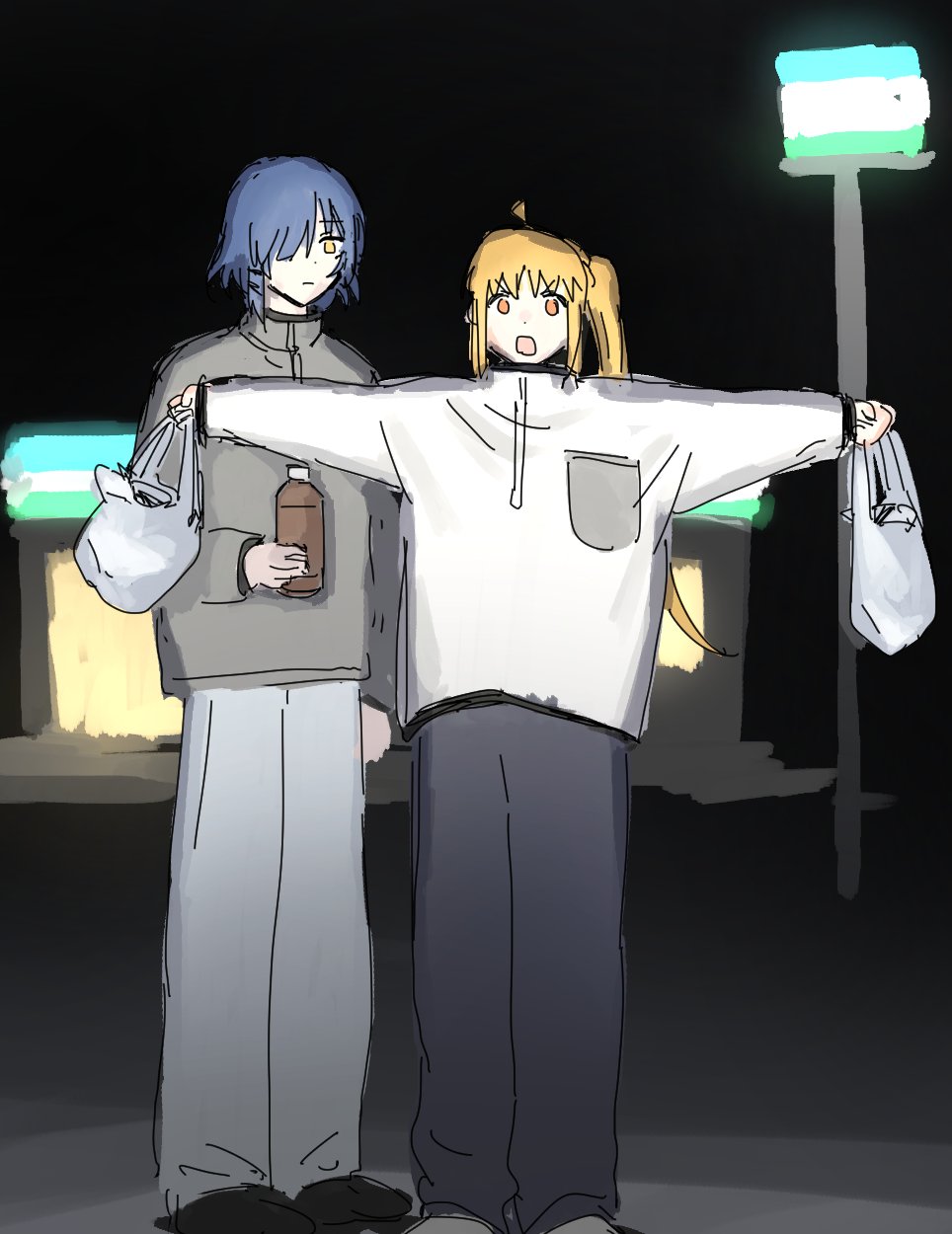 2girls, ahoge, bag, black_pants, blonde_hair, blue_hair, bocchi_the_rock!, detached_ahoge, familymart, grey_jacket, hair_ornament, hair_over_one_eye, hairclip, highres, holding, holding_bag, ijichi_nijika, jacket, long_hair, multiple_girls, night, nininikal, outdoors, pants, shirt, short_hair, side_ponytail, standing, white_pants, white_shirt, yamada_ryo, yellow_eyes