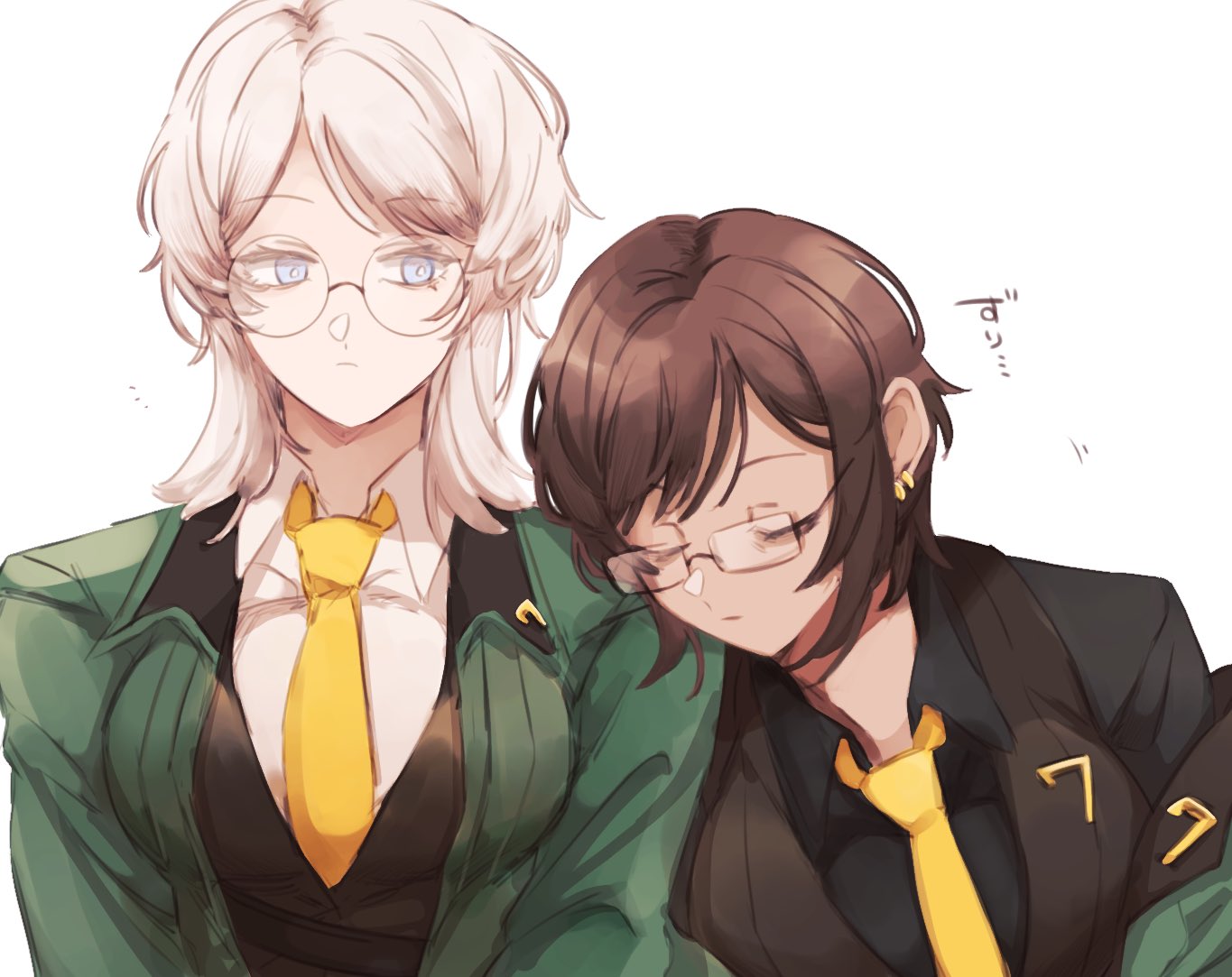 2girls, badge, black_shirt, brown_hair, brown_vest, closed_eyes, closed_mouth, collared_shirt