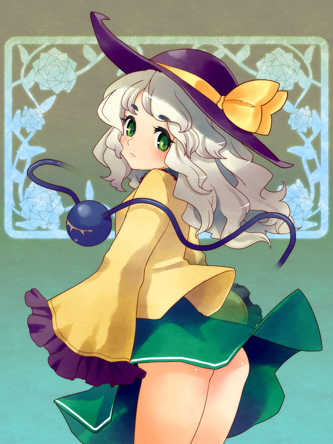 eyeball, green_eyes, grey_hair, hat, heart, komeiji_koishi, looking_back, no_panties