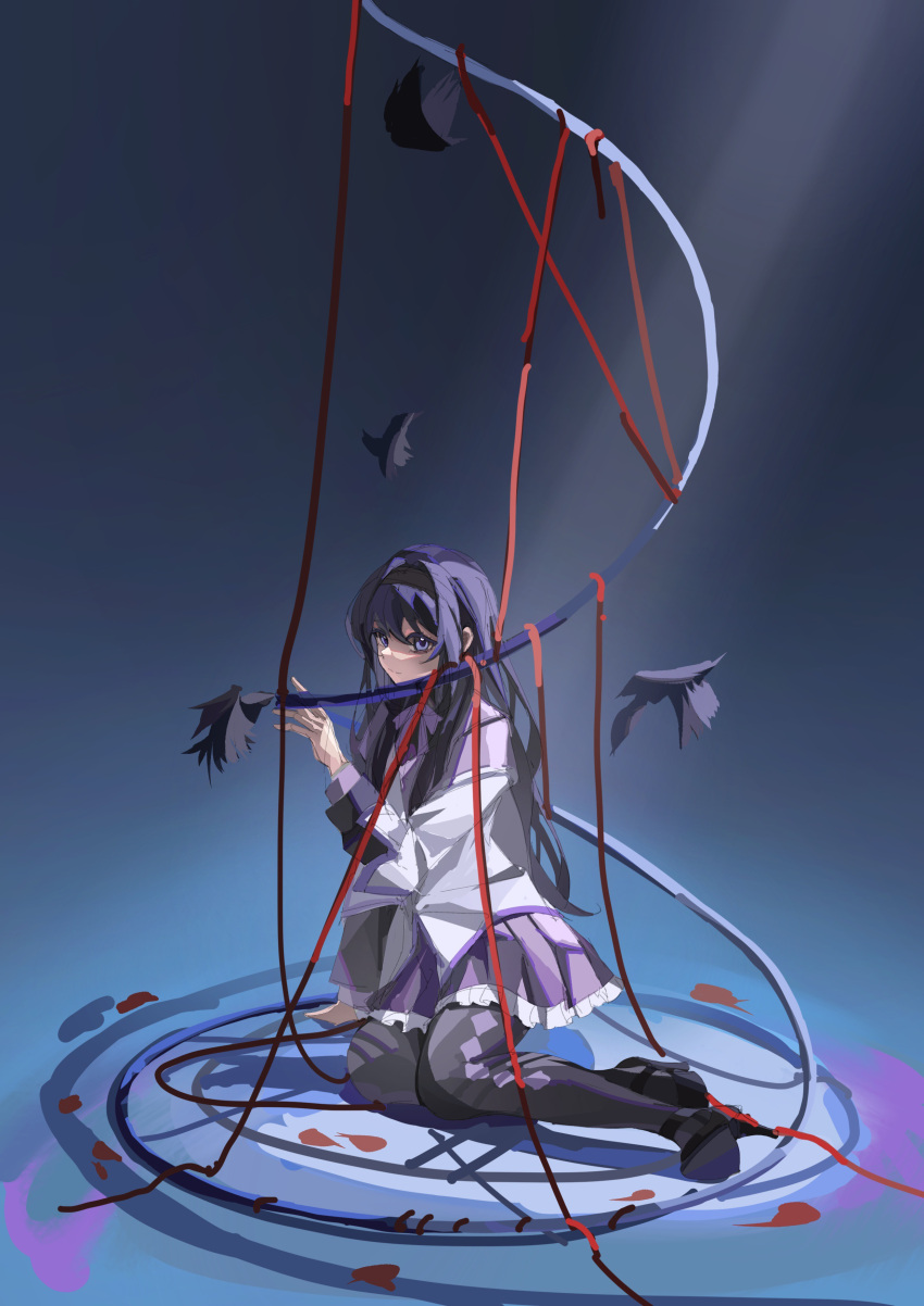 1girl, absurdres, akemi_homura, argyle_clothes, argyle_legwear, arm_support, black_footwear, black_hairband, black_pantyhose, blue_background, blue_eyes, blue_hair, chaoyugan, chinese_commentary, circle, commentary_request, expressionless, falling_feathers, feathers, from_side, full_body, hairband, hand_up, highres, jacket, long_hair, long_sleeves, looking_at_viewer, mahou_shoujo_madoka_magica, mahou_shoujo_madoka_magica_(anime), mary_janes, neck_ribbon, pantyhose, purple_skirt, red_ribbon, ribbon, shoes, sitting, sketch, skirt, solo, wariza, white_jacket