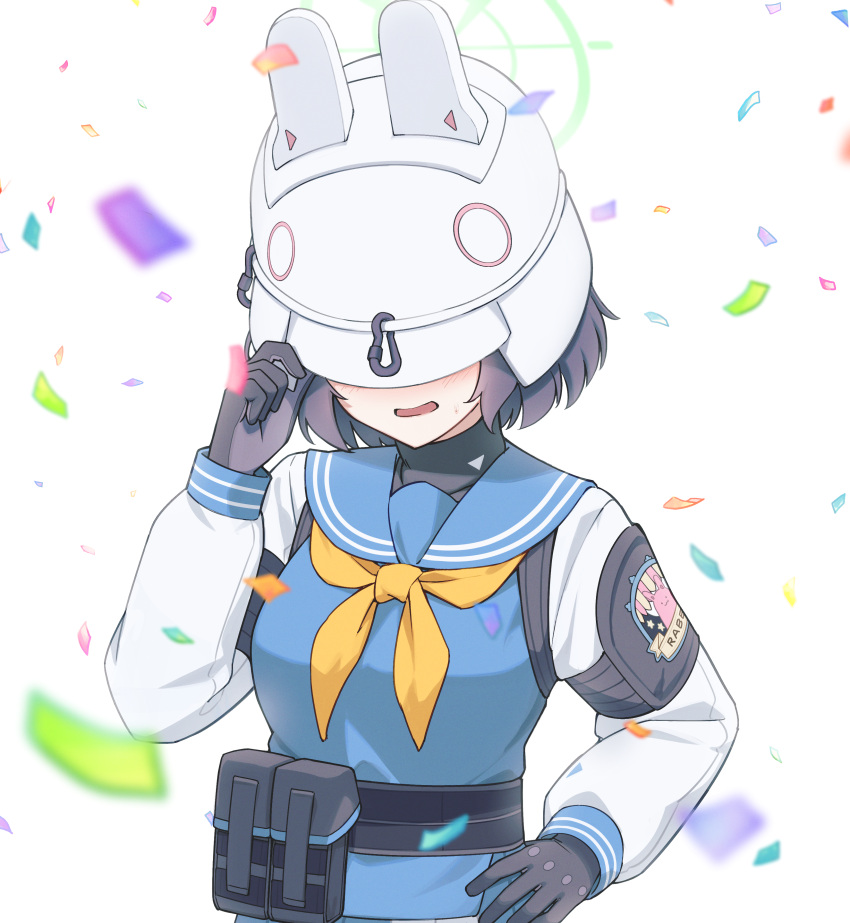 1girl, absurdres, animal_ear_headwear, belt_pouch, black_gloves, blue_archive, blue_sailor_collar, blue_serafuku
