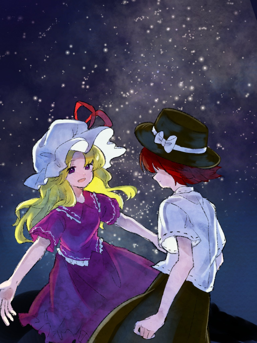 2girls, black_hat, black_skirt, blonde_hair, blouse, bow, brown_hair, commentary_request