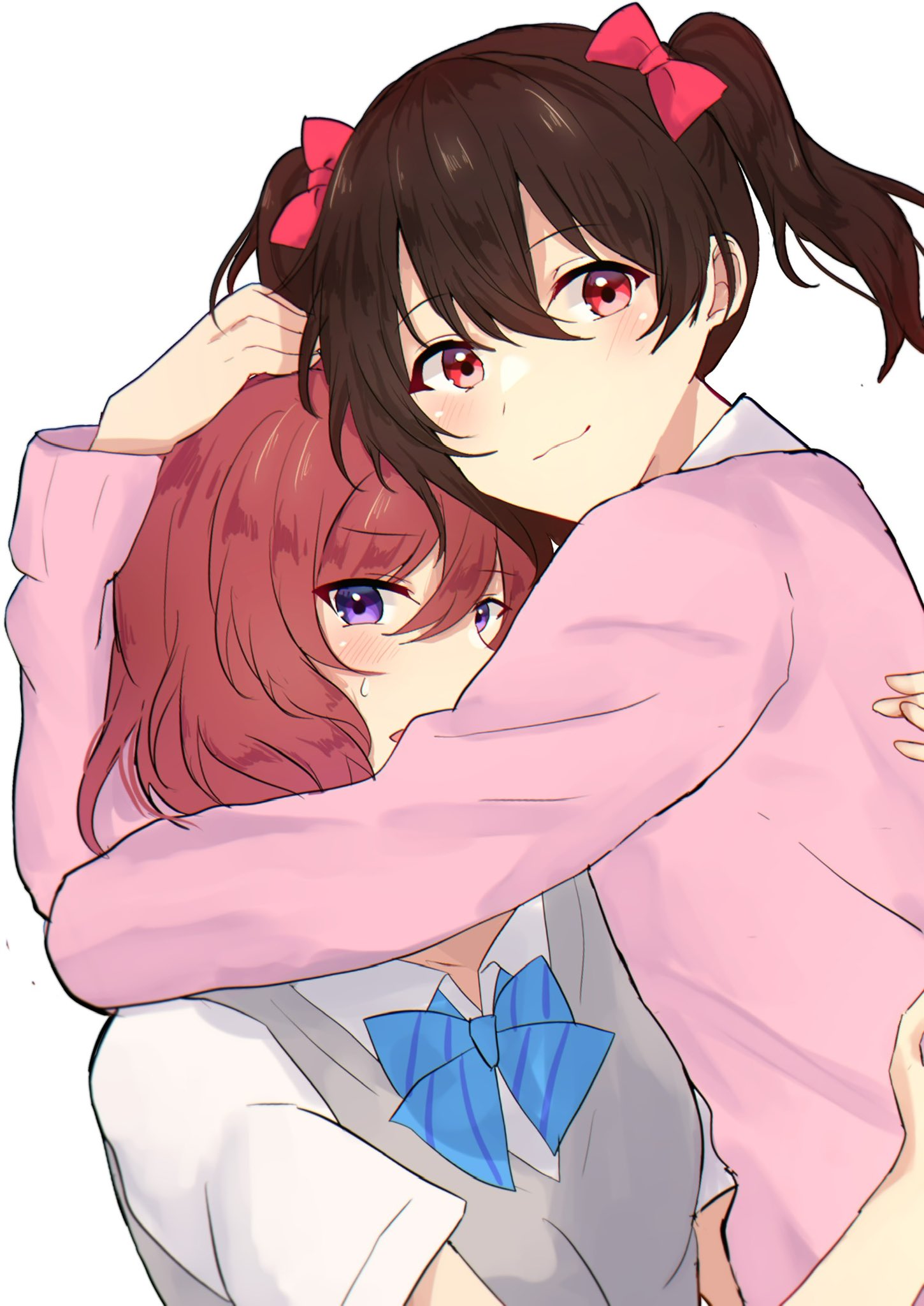 2girls, black_hair, blue_bow, blue_bowtie, blush, bow, bowtie, cardigan
