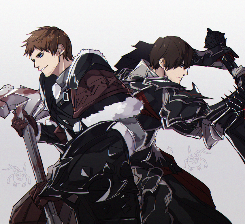 2boys, adventurer_(ff14), ardbert_hylfyst, armor, back-to-back, beard_stubble, blood, blood_on_weapon