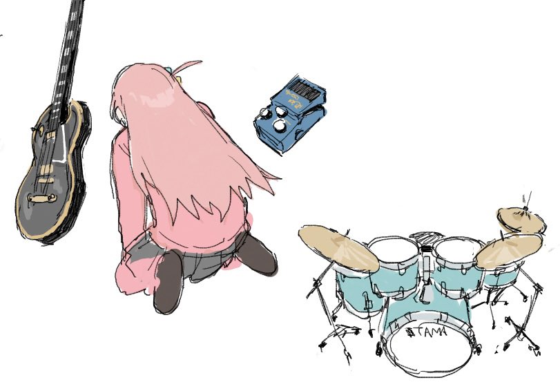 1girl, bocchi_the_rock!, commentary_request, cube_hair_ornament, drum, drum_set, electric_guitar, foot_pedal