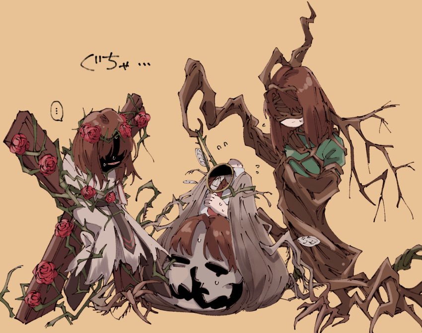 3boys, arthropod_limbs, brown_hair, coat, cross, e.g.o_(project_moon), faelantern_(project_moon), flower