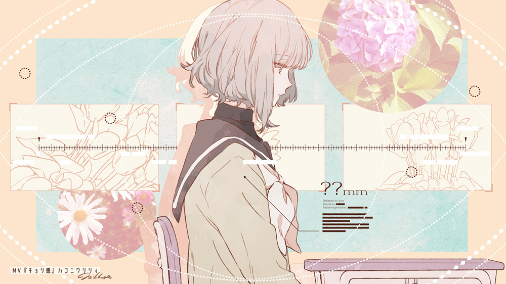1girl, black_sailor_collar, chair, closed_mouth, commentary_request, desk, english_text, flower