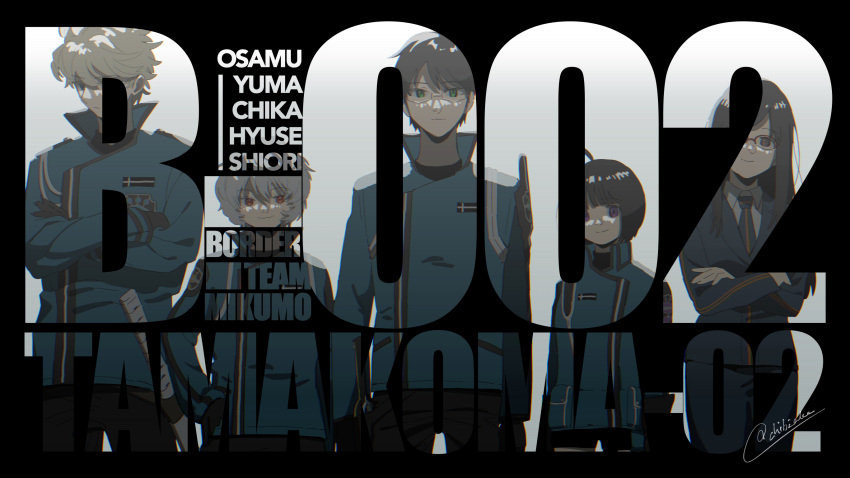 2girls, 3boys, :|, amatori_chika, arms_at_sides, badge, black_gloves, black_jacket, black_necktie, black_pants, black_shorts, black_skirt, blue_jacket, bob_cut, border_operator_uniform_(world_trigger), brown_hair, character_name, chibi_ake, closed_mouth, collared_shirt, crossed_arms, english_text, glasses, gloves, green_eyes, grey_hair, highres, hyuse, jacket, kuga_yuuma, lineup, long_hair, long_sleeves, mikumo_osamu, mikumo_squad's_uniform, multiple_boys, multiple_girls, necktie, one_eye_covered, own_hands_together, pants, pencil_skirt, red_eyes, shirt, short_hair, shorts, shoulder_guard, skirt, smile, usami_shiori, violet_eyes, white_background, white_shirt, world_trigger
