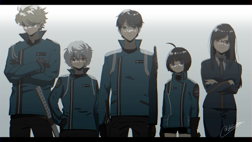 2girls, 3boys, :|, ahoge, amatori_chika, arms_at_sides, badge, black_gloves, black_jacket, black_necktie, black_pants, black_shorts, black_skirt, blue_jacket, bob_cut, border_operator_uniform_(world_trigger), brown_hair, chibi_ake, closed_mouth, collared_shirt, crossed_arms, glasses, gloves, green_eyes, grey_hair, highres, hyuse, jacket, kuga_yuuma, lineup, long_hair, long_sleeves, mikumo_osamu, mikumo_squad's_uniform, multiple_boys, multiple_girls, necktie, own_hands_together, pants, pencil_skirt, red_eyes, shirt, short_hair, shorts, shoulder_guard, skirt, smile, sword, usami_shiori, violet_eyes, weapon, white_background, white_shirt, world_trigger
