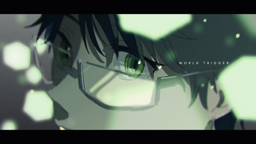 1boy, chibi_ake, close-up, copyright_name, eye_focus, from_side, glasses, green_eyes, green_theme, grey-framed_eyewear, grey_background, highres, letterboxed, light_particles, looking_at_viewer, male_focus, mikumo_osamu, portrait, signature, solo, world_trigger