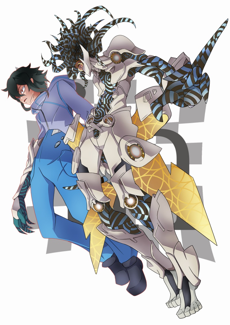 1boy, armor, black_hair, claws, corruption, digimon, eater_adam, hood