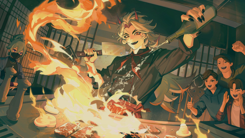 1girl, 4boys, akira_(genshin_impact), ameriya, arataki_itto, black_mask, black_nails, black_shirt