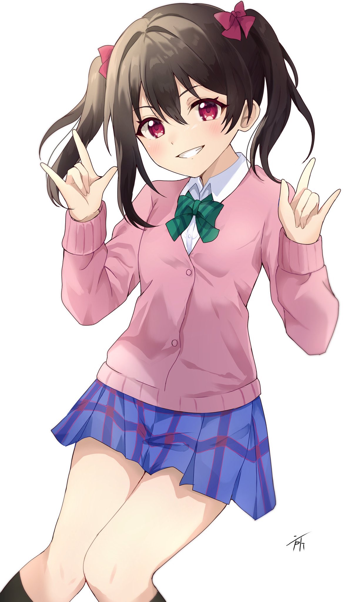 1girl, \m/, black_hair, black_socks, blue_skirt, bow, bowtie, collared_shirt, commentary_request, green_bow, green_bowtie, hair_between_eyes, highres, kiruto_(artar_12), long_sleeves, looking_at_viewer, love_live!, love_live!_school_idol_project, medium_hair, nico_nico_nii, otonokizaka_school_uniform, plaid, plaid_skirt, red_eyes, school_uniform, shirt, sidelocks, signature, skirt, smile, socks, solo, striped_bow, striped_bowtie, striped_clothes, summer_uniform, twintails, upper_body, white_background, white_shirt, yazawa_nico