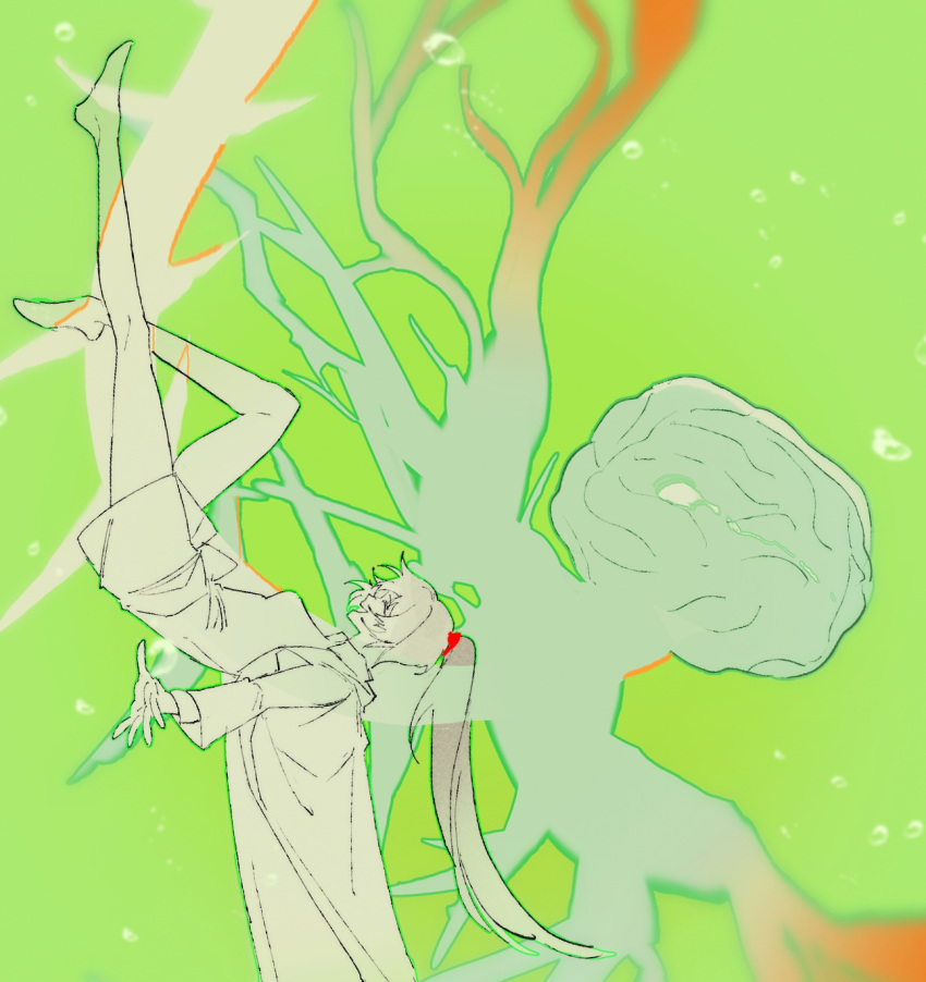 1girl, bare_legs, brain, carmen_(project_moon), dress, enkephalin_(project_moon), green_background, greyscale_with_colored_background