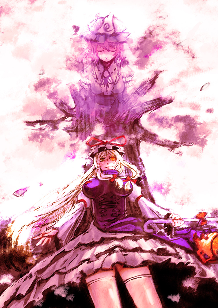 ibitsu, japanese_clothes, long_hair, pink_hair, red_eyes, saigyouji_yuyuko, short_hair, thigh-highs