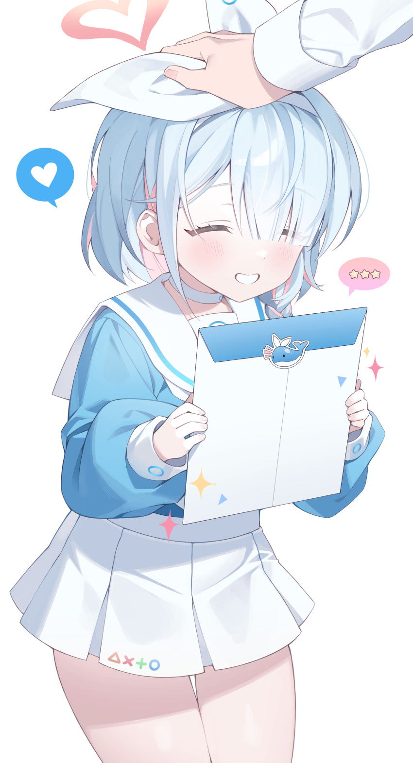 1girl, 1other, absurdres, arona_(blue_archive), black_serafuku, black_thighhighs, blue_archive, blue_hair