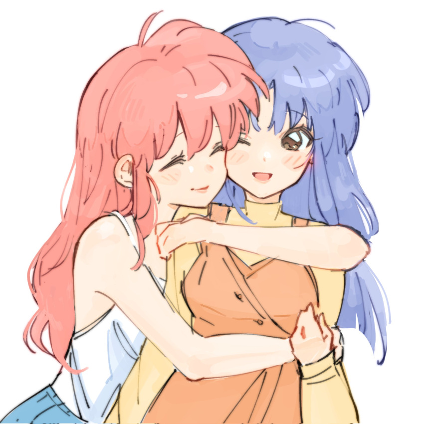 2girls, blue_hair, blush, breasts, happy, highres, hug, long_hair