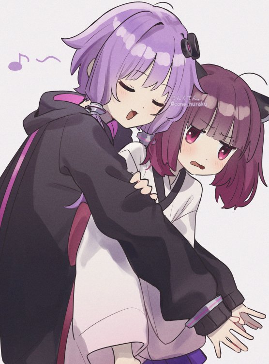 2girls, :3, affectionate, ahoge, arm_at_side, black_hoodie, bracelet, cone_huraku