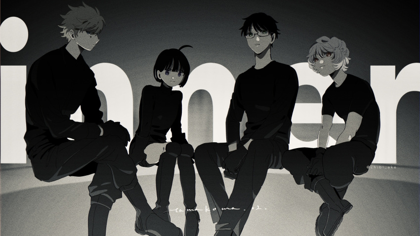 1girl, 3boys, ahoge, amatori_chika, black_footwear, black_gloves, black_pants, black_shirt