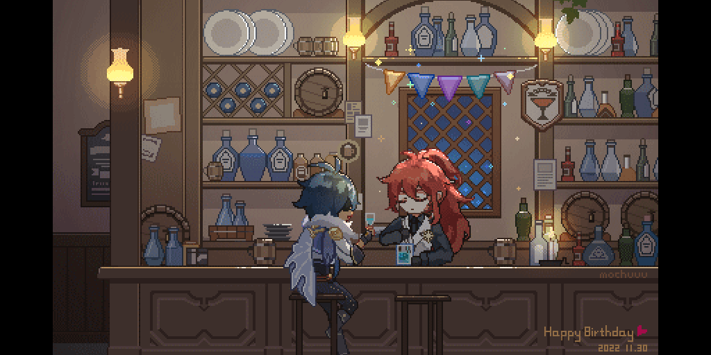 2boys, alcohol, animated, animated_gif, antenna_hair, artist_name, bar_(place), bartender