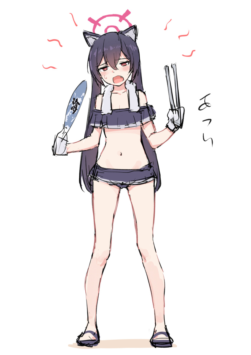 1girl, animal_ear_fluff, animal_ears, bikini, black_hair, blue_archive, cat_ears, fang